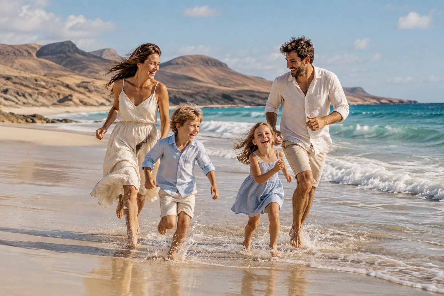 Una famiglia corre e gioca sulla battigia.